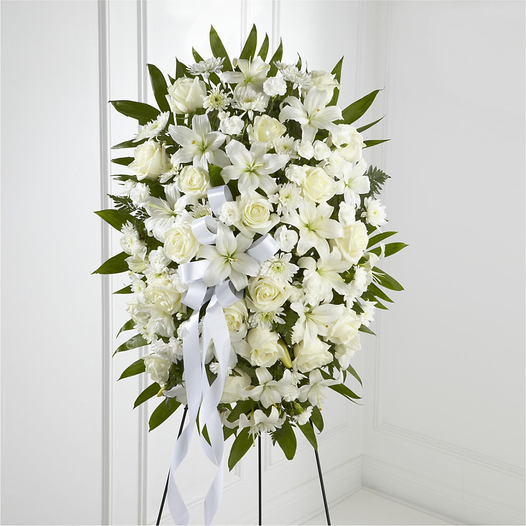 Exquisite Tribute Standing Spray-White Ribbon – CRALL'S MONONGAHELA FLORAL & GIFT, Monongahela PA