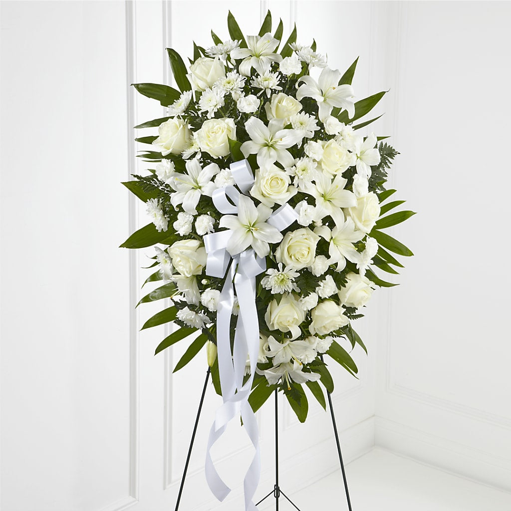 Exquisite Tribute Standing Spray-White Ribbon – CRALL'S MONONGAHELA FLORAL & GIFT, Monongahela PA